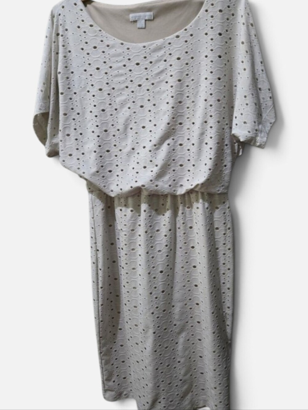 New York & Company Eyelet Dress Size S Ivory Blouson Batwing Sleeve Lined